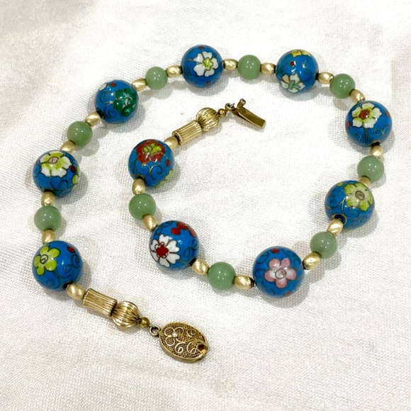 Vintage Chinese Blue Cloisonné Jadeite Sterling Silver Bead Necklace Enamel - Picture 6 of 11